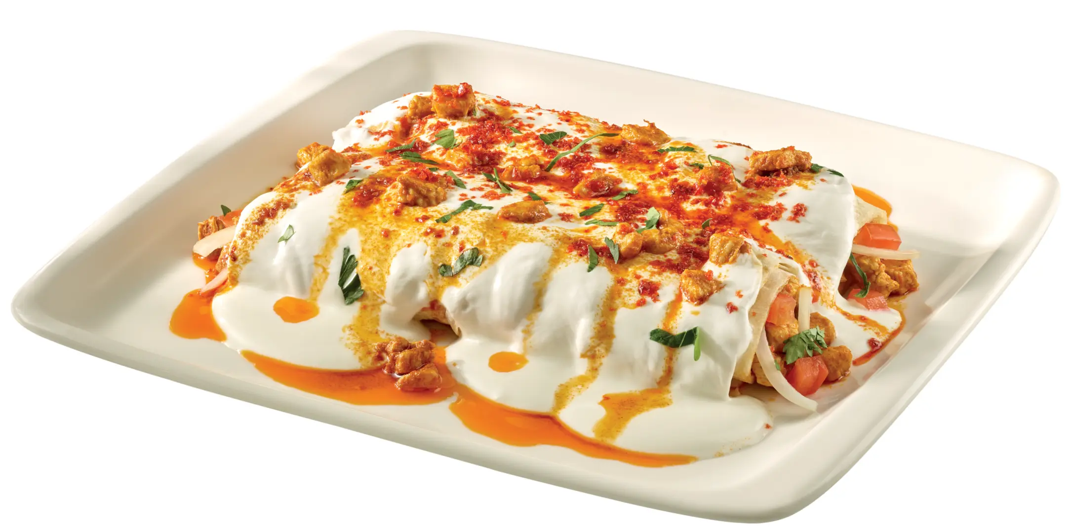 Ayla Tantuni'nin özel yoğurt ve sos ile servis edilen hafif tavuk tantuni porsiyonu